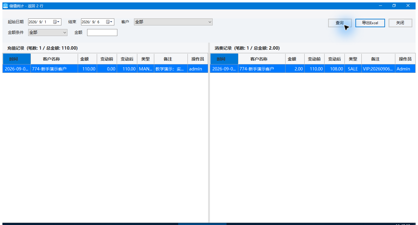 储值统计：充值110.00、消费2.00后余额108.00