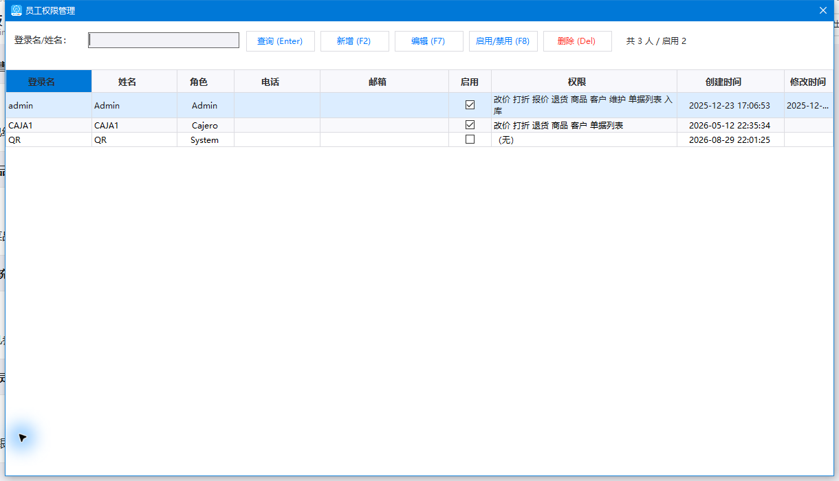 员工权限管理：登录账号、角色、启用状态与权限摘要